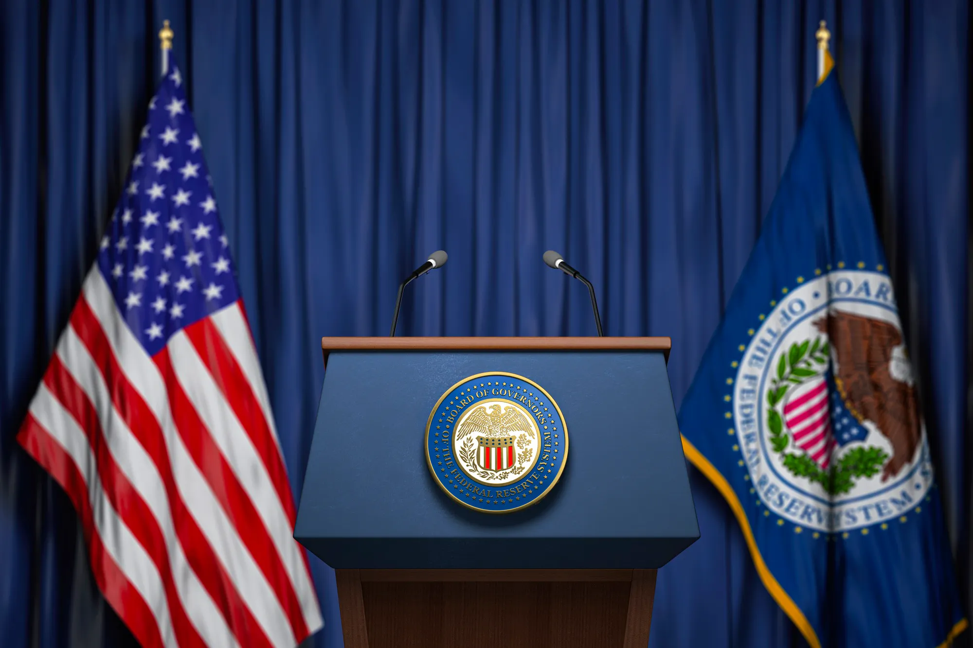 Federal Reserve System Fed of USA chairman press conference concept.